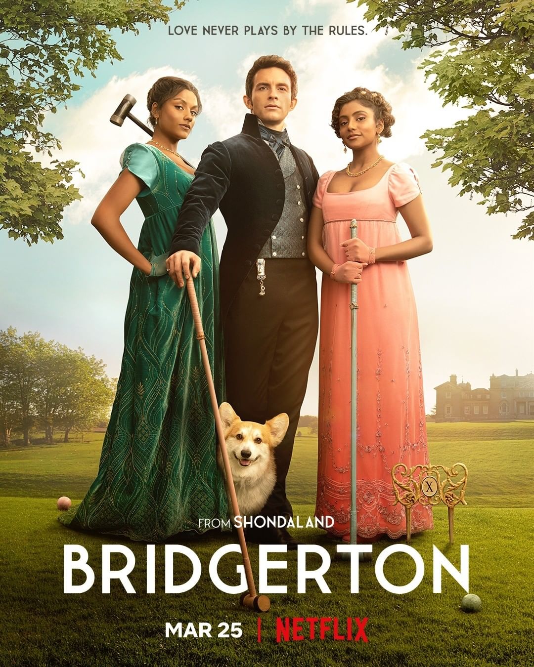 Bridgerton S2 poster featuring Kate Sharma, Anthony Bridgerton, and Edwina Sharma holding croquet mallets